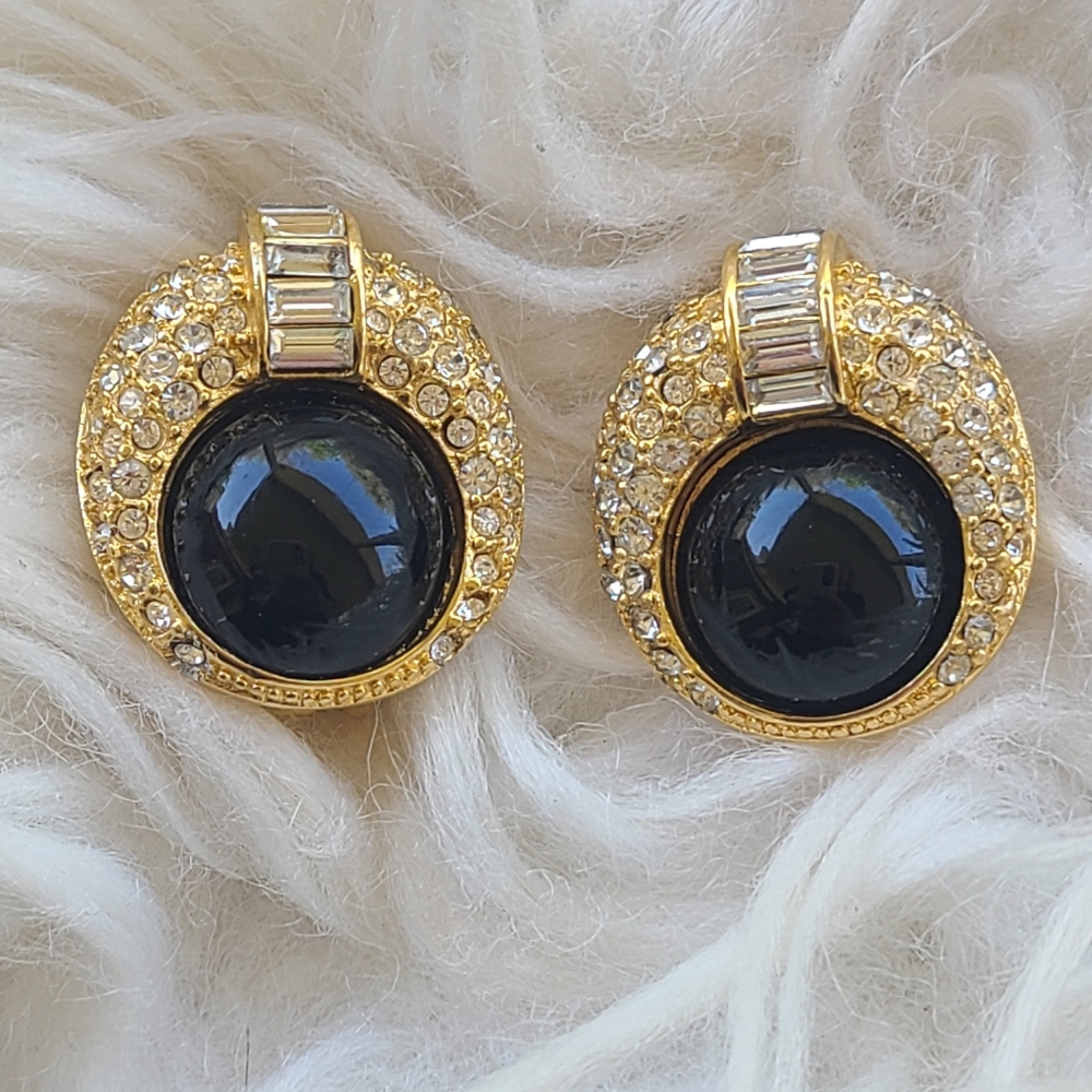 Dior Gold Toned and Black Earrings with Ornate Design- Good Vintage Condition